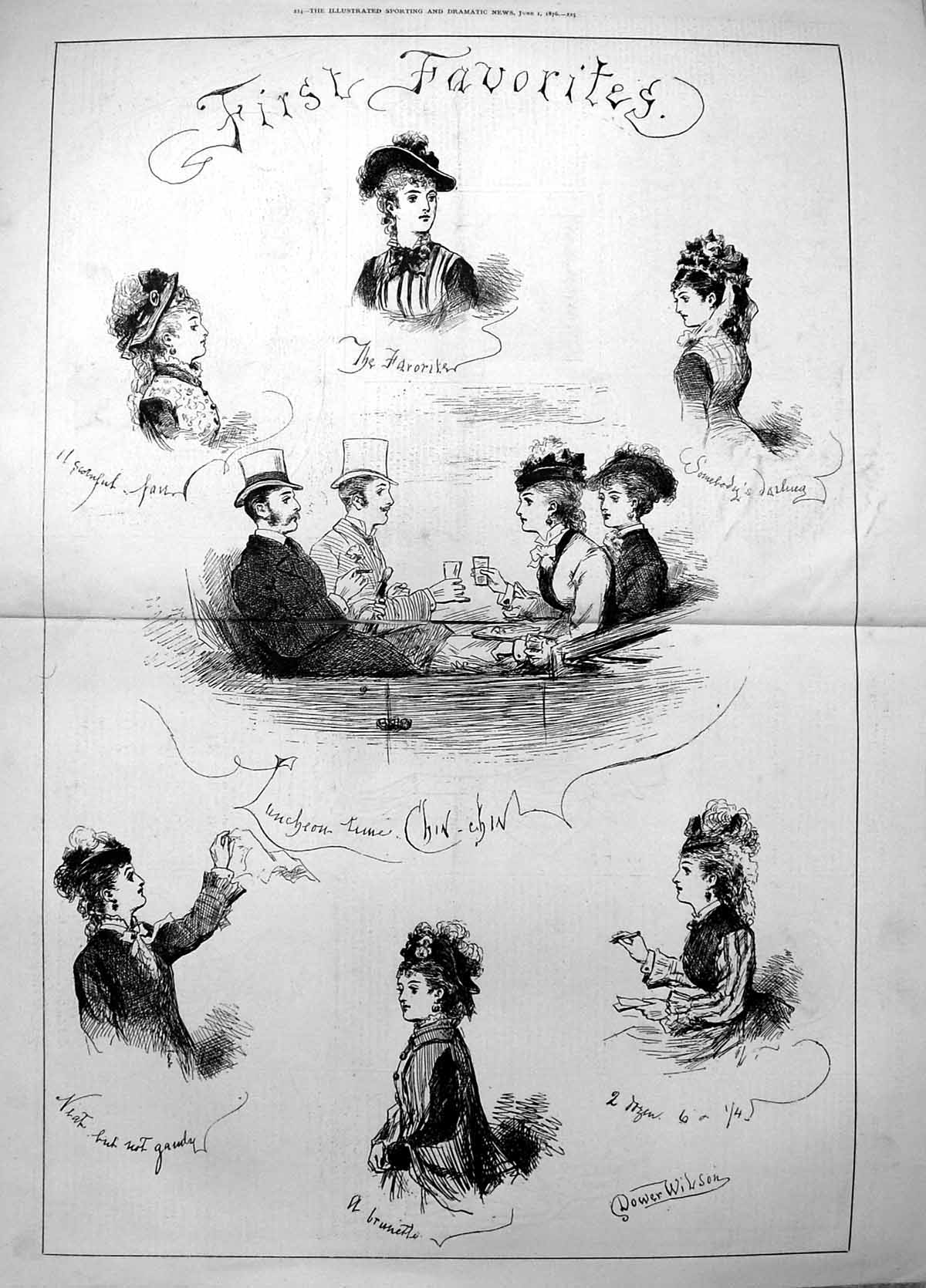 Old Print First Favorites Dower Wilson Gaudy Brunette Luncheon Time 1876 19th