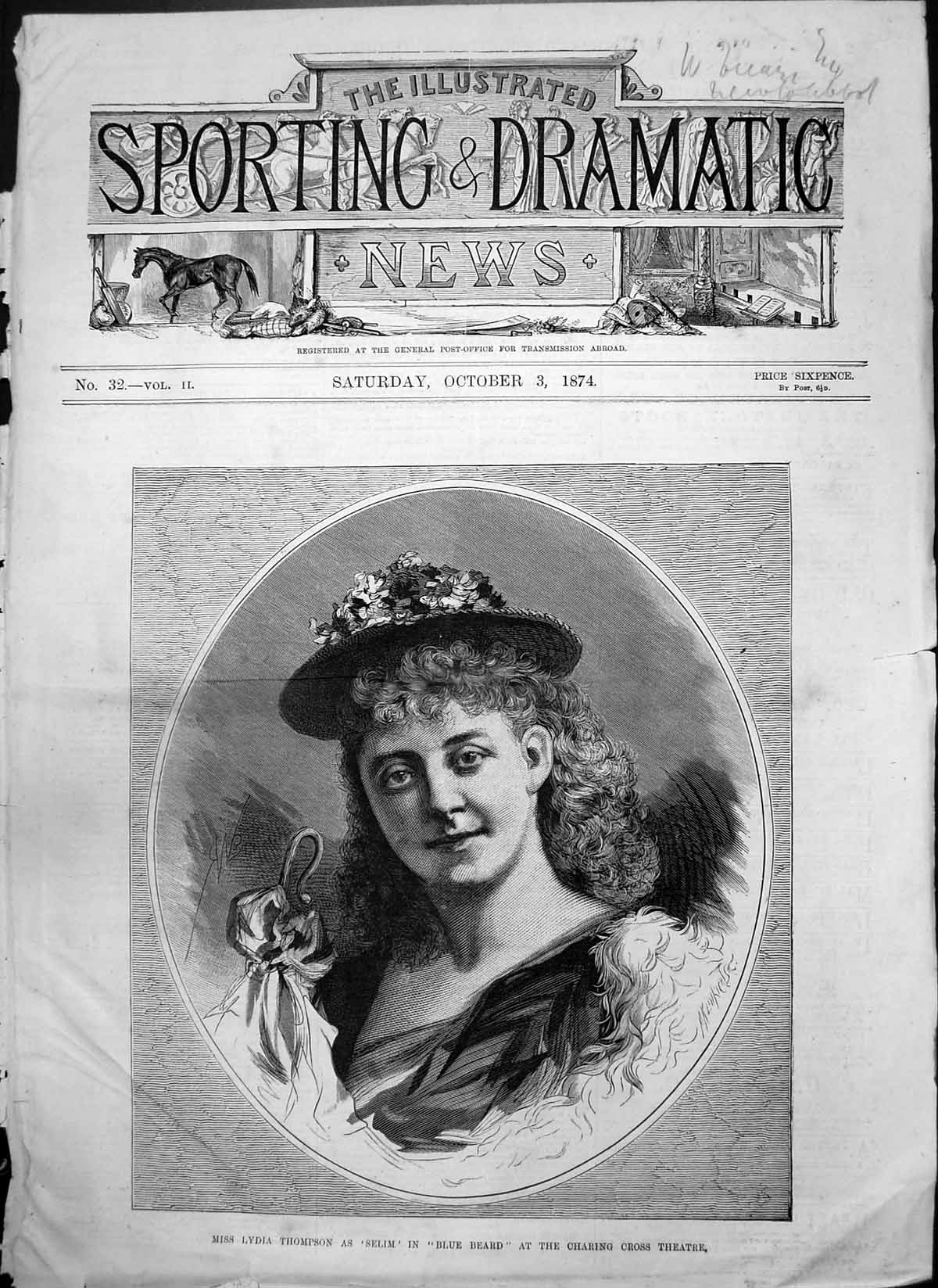 Old Print Miss Lydia Thompson Selim Blue Beard Charing Cross Theatre 1874 19th