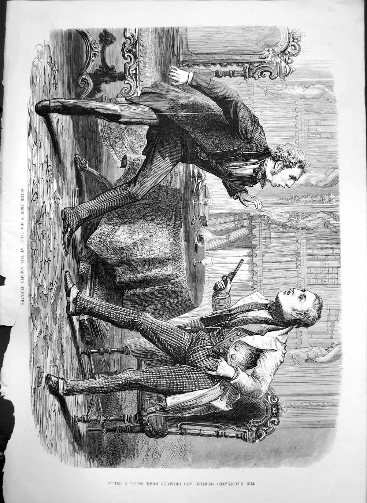 Old Print Scene Red Tape Adelphi Theatre Two Men Table Chairs Hing Gun18 19th
