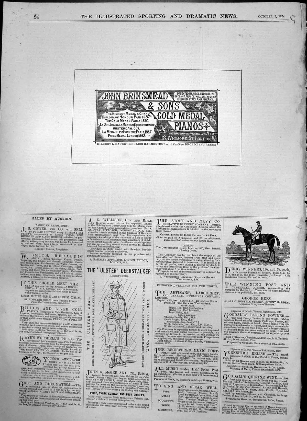 Original Old Antique Print John Brinsmead & Sons GMetal Pianos 1874 Victorian