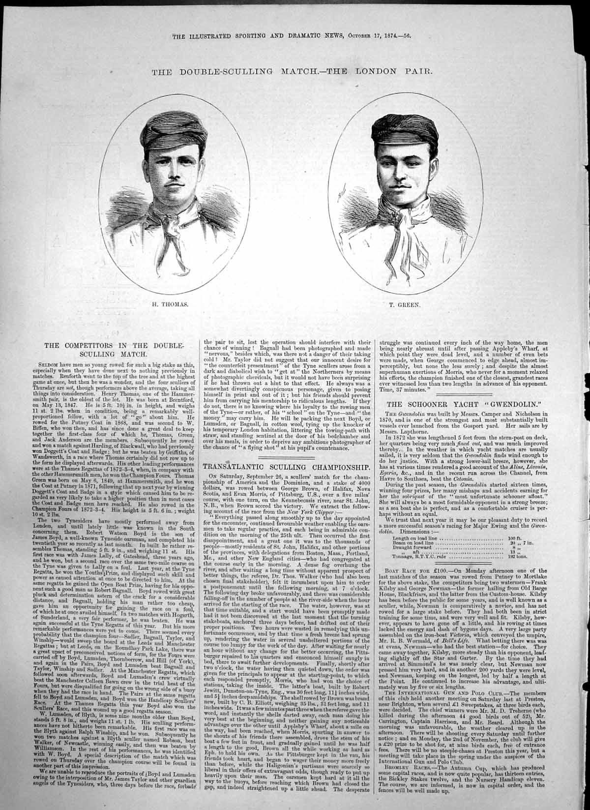 Old Antique Print Double Sculling Match London Pair H Thomas T Green 1874 19th