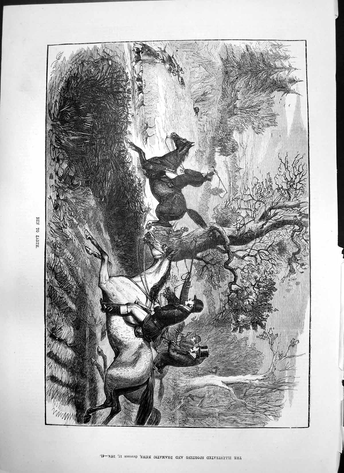 Original Old Antique Print Run To Earth R H Moore Hunting Horses Hounds 1874