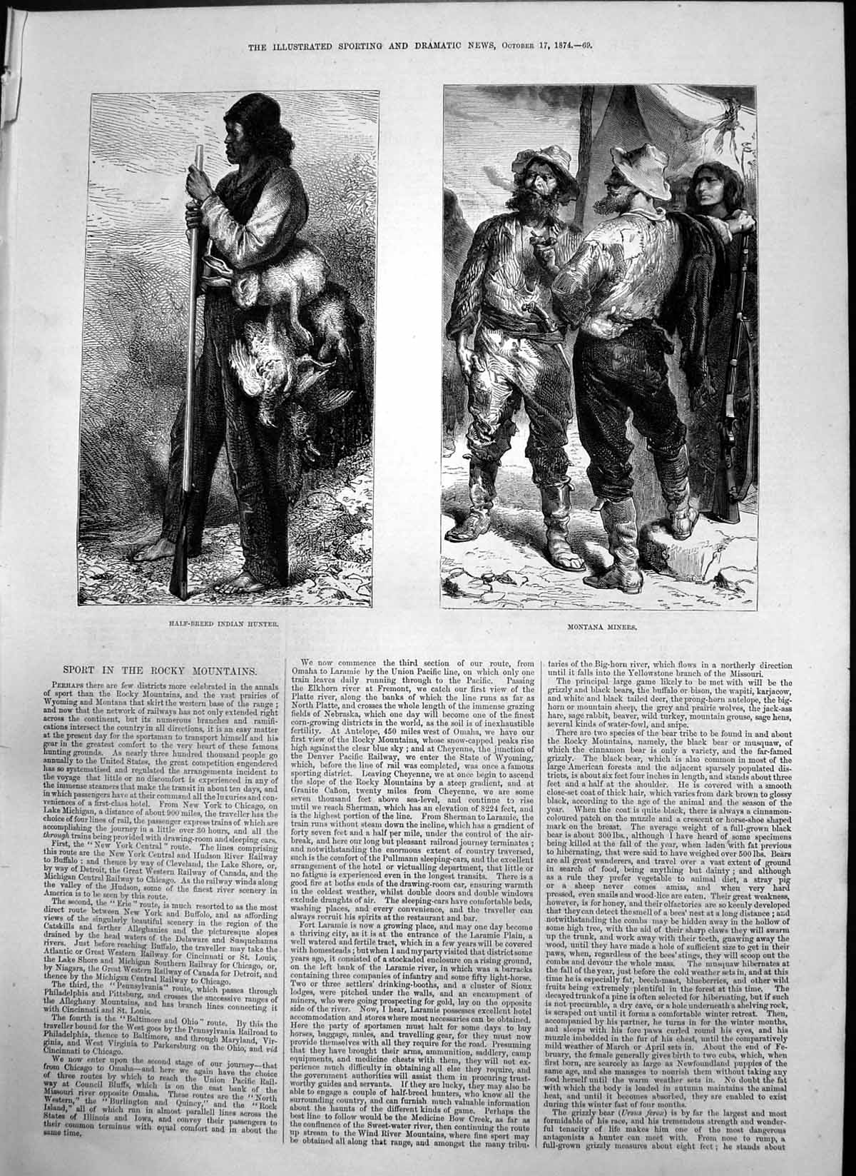 Original Old Antique Print Half Breed Indian Hunter Montana Miners 1874 19th