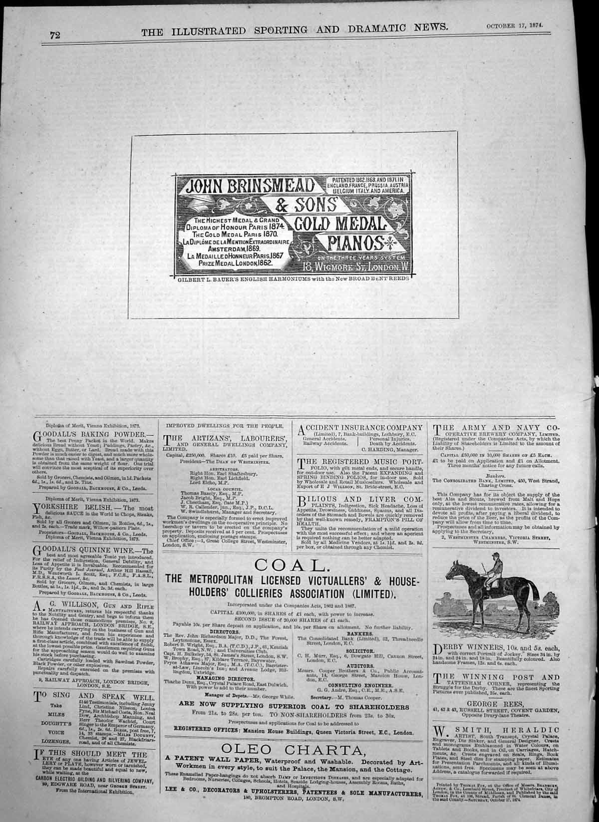 Original Old Antique Print Advert John Brinsmead & Sons GMedal Pianos 1874 19th