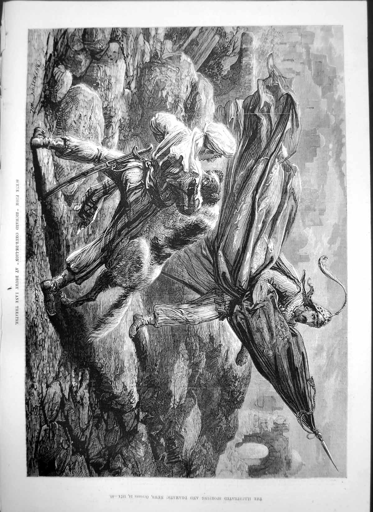 Old Scene Richard Coeur De Lion Drury Lane Theatre Dog Jumps Man 1874 Victorian