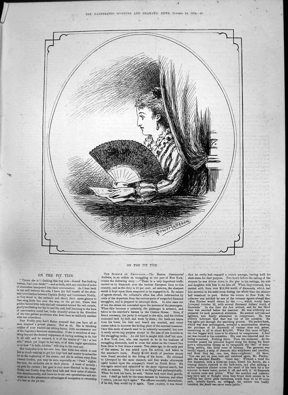 Original Old Antique Print On Pit Tier Dower Wilson Woman Fan 1874 Victorian