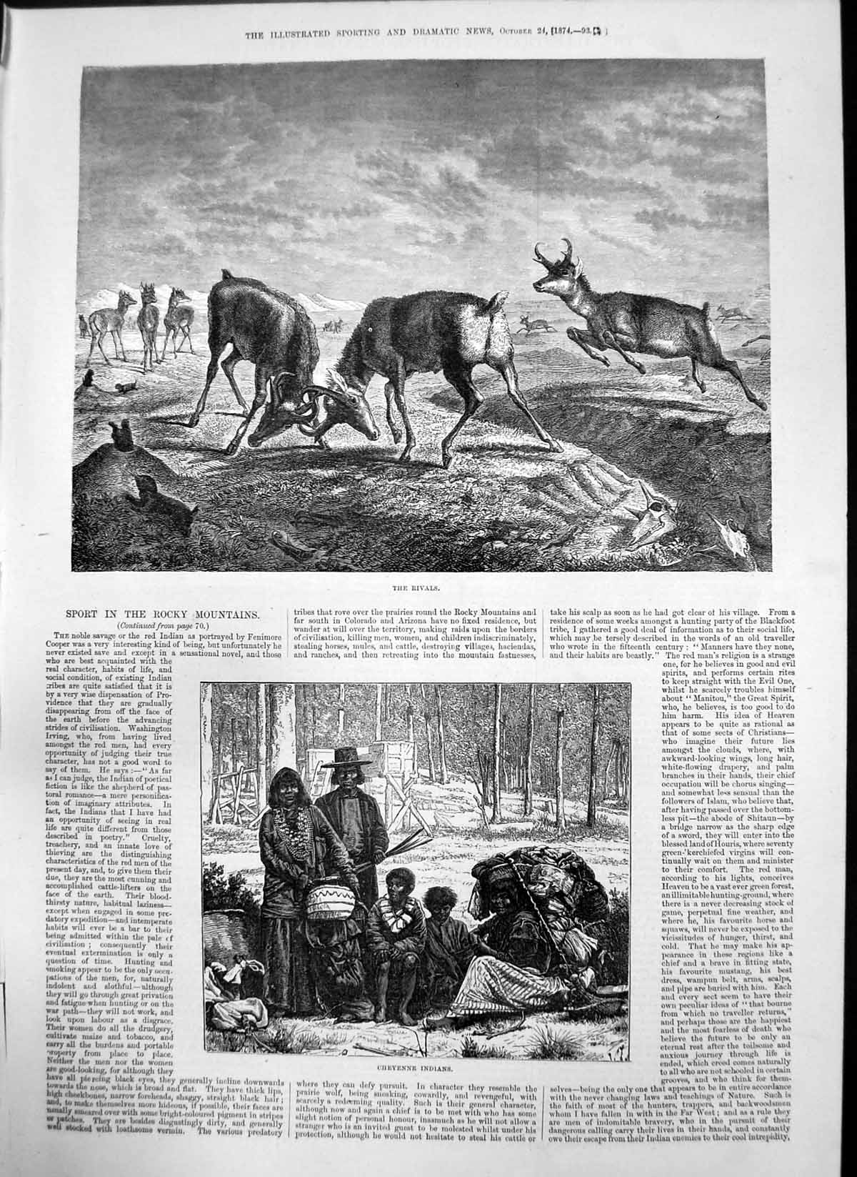 Original Old Antique Print Cheyenne Indians Rivals Deer Fighting Antlers 1874