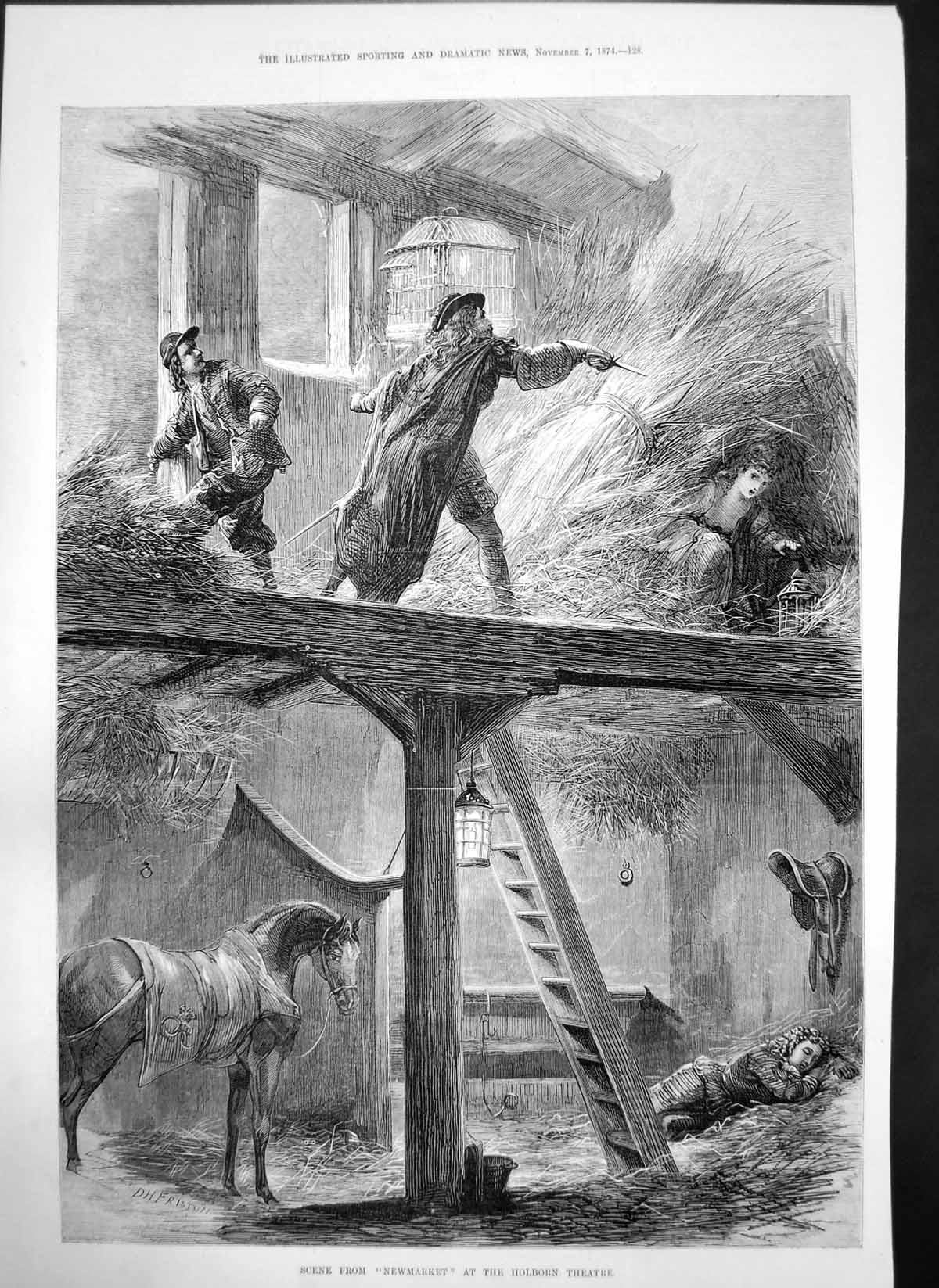 Antique Old Print Newmarket Holborn Theatre Woman Hiding Siers Hayloft 1874