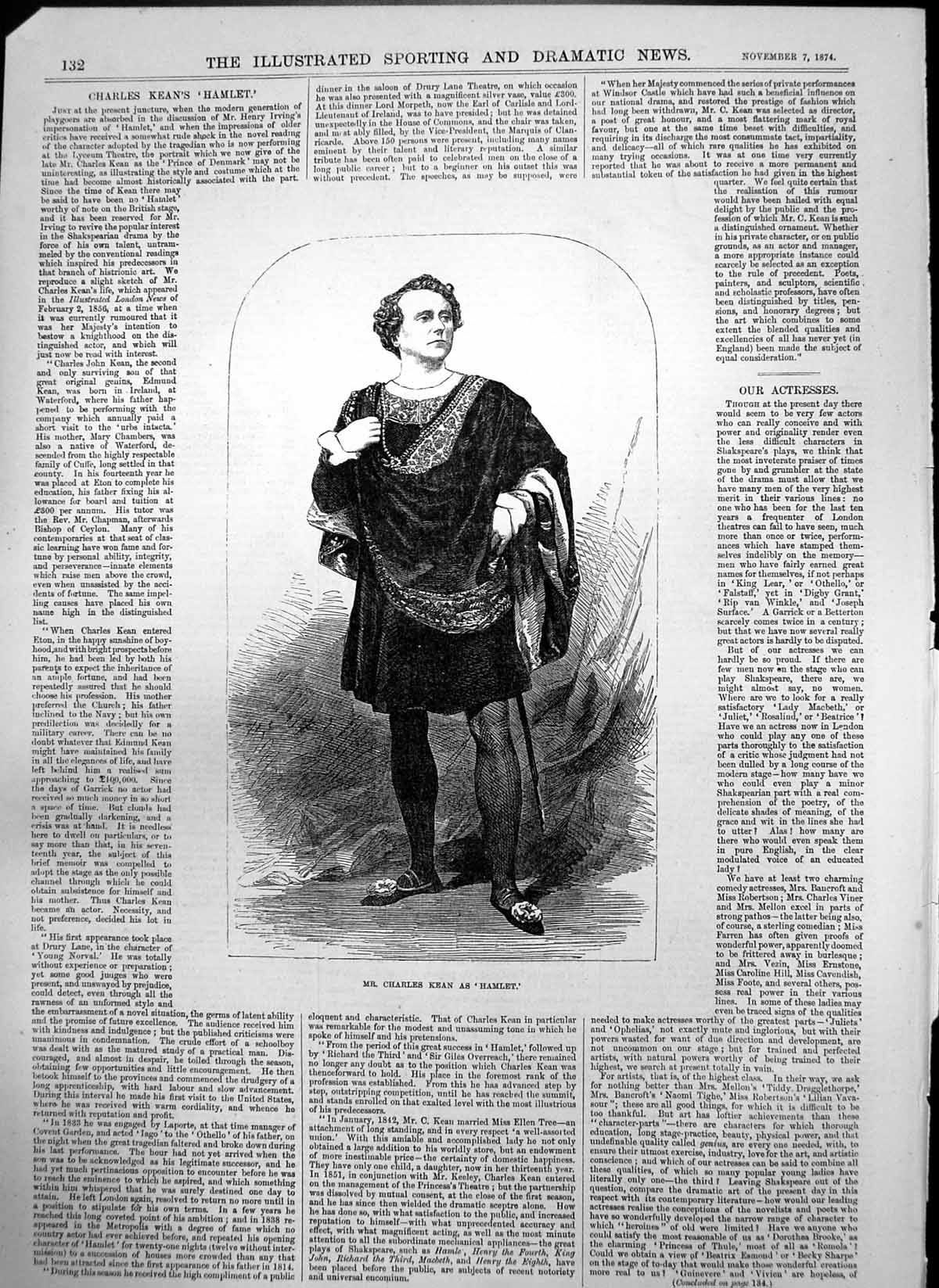 Original Old Antique Print Mr Charles Kean As Hamlet 1874 19th