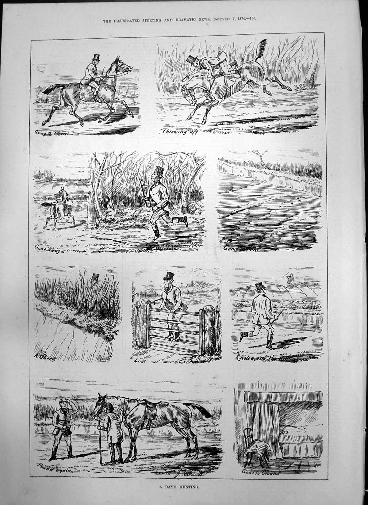 Old Print Days Hunting Throwing Off Lost Over Hill Found Gone Ground 1874 19th