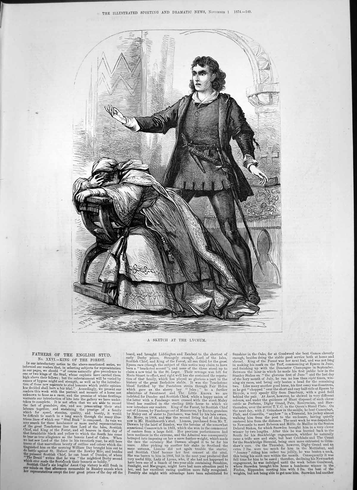 Old Print Sketch Lyceum Woman Crying Man Standing Over Sword Dagger 1874 19th