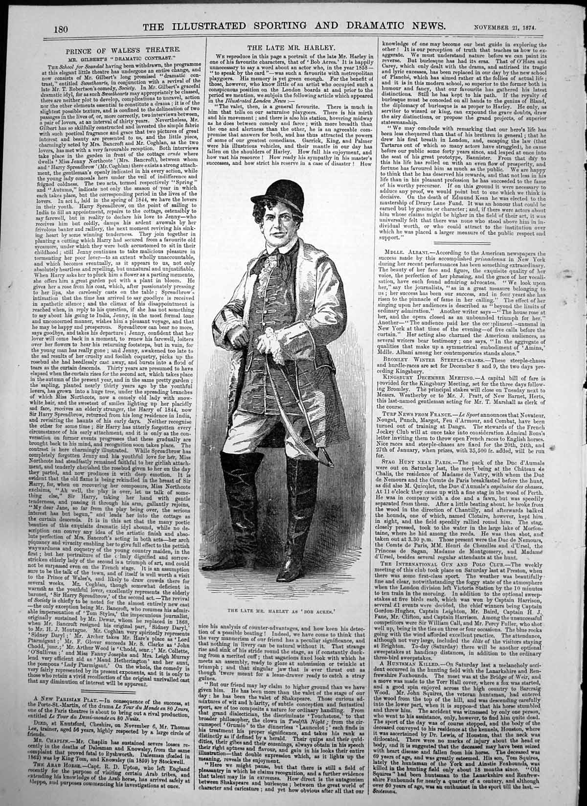 Original Old Antique Print Late Mr Harley As Bob Acres 1874 19th