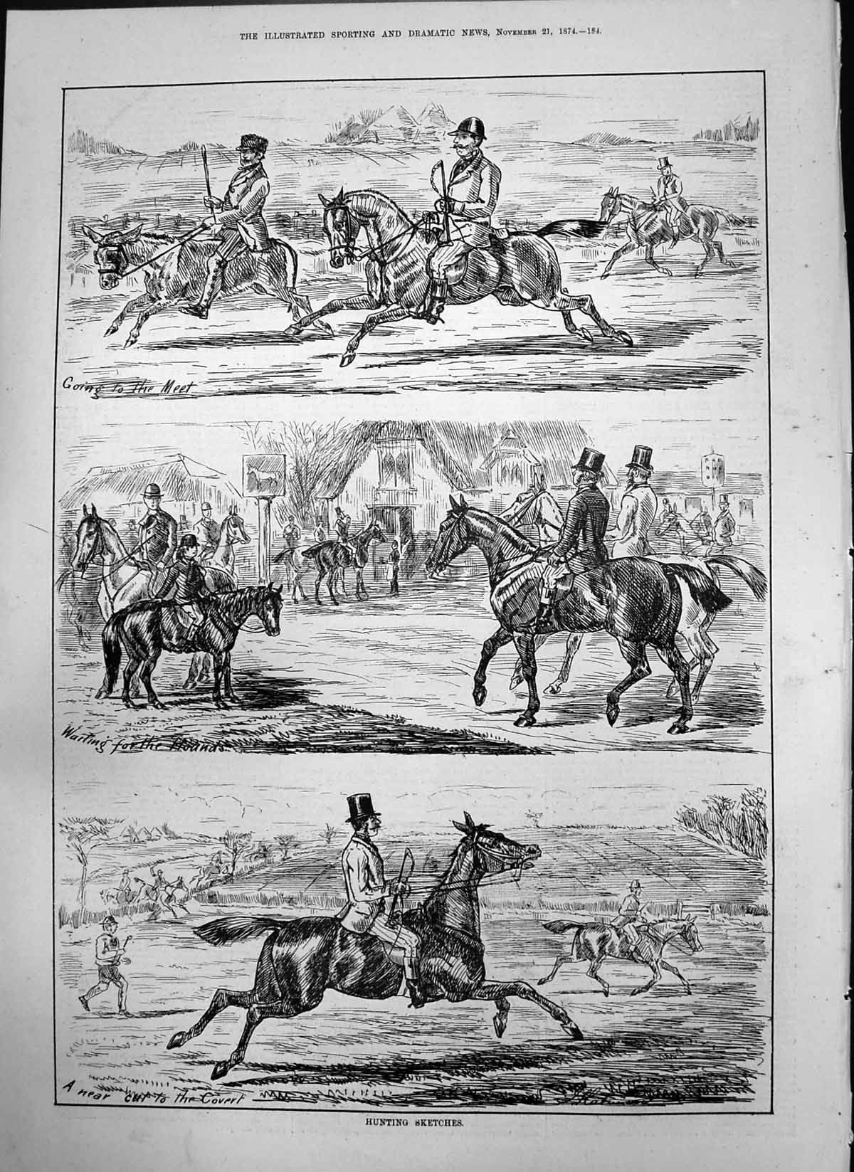 Old Print Hunting Sketches Going Meet Waiting Hounds Near Cut Covert 1874 19th