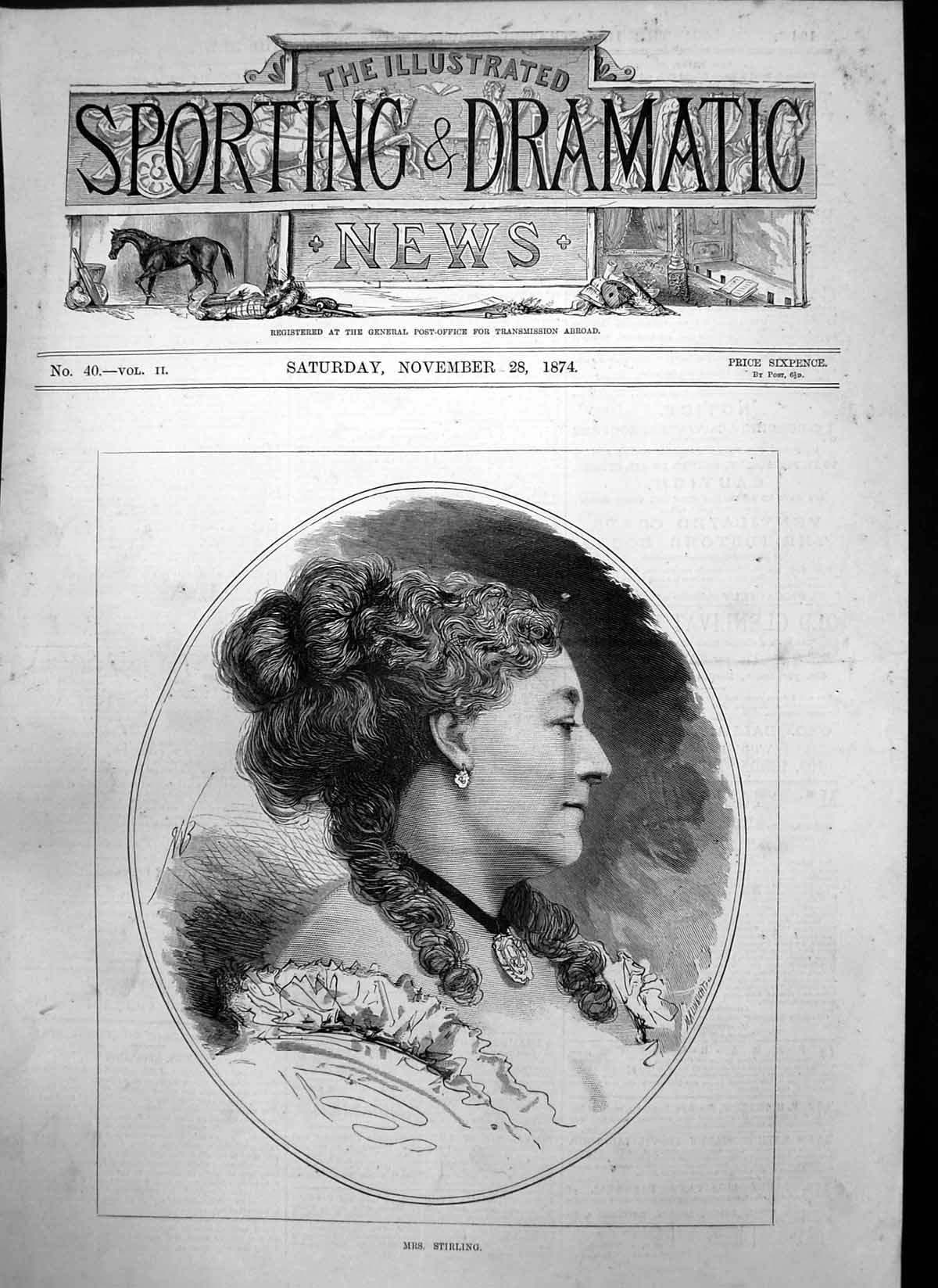 Original Old Antique Print Mrs Stirling Middle Aged Woman Curly Hair 1874 19th