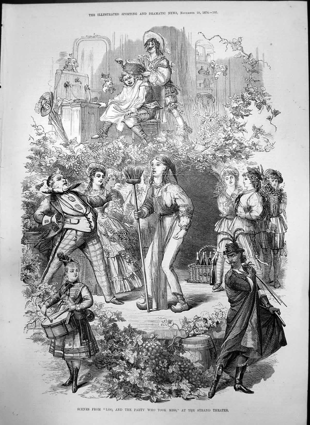 Original Old Antique Print Scenes Loo Party Who Took Miss Strand Theatre 1874