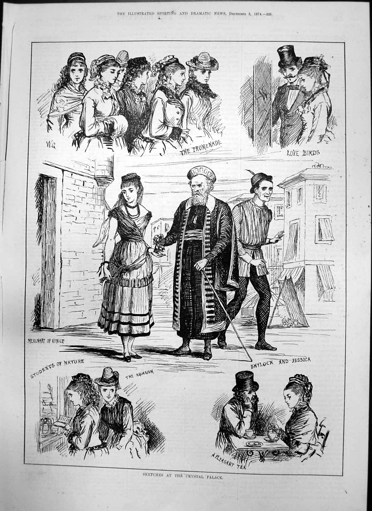 Old Sketches Crystal Palace Promenade Love Birds Merchant Venice 1874 Victorian