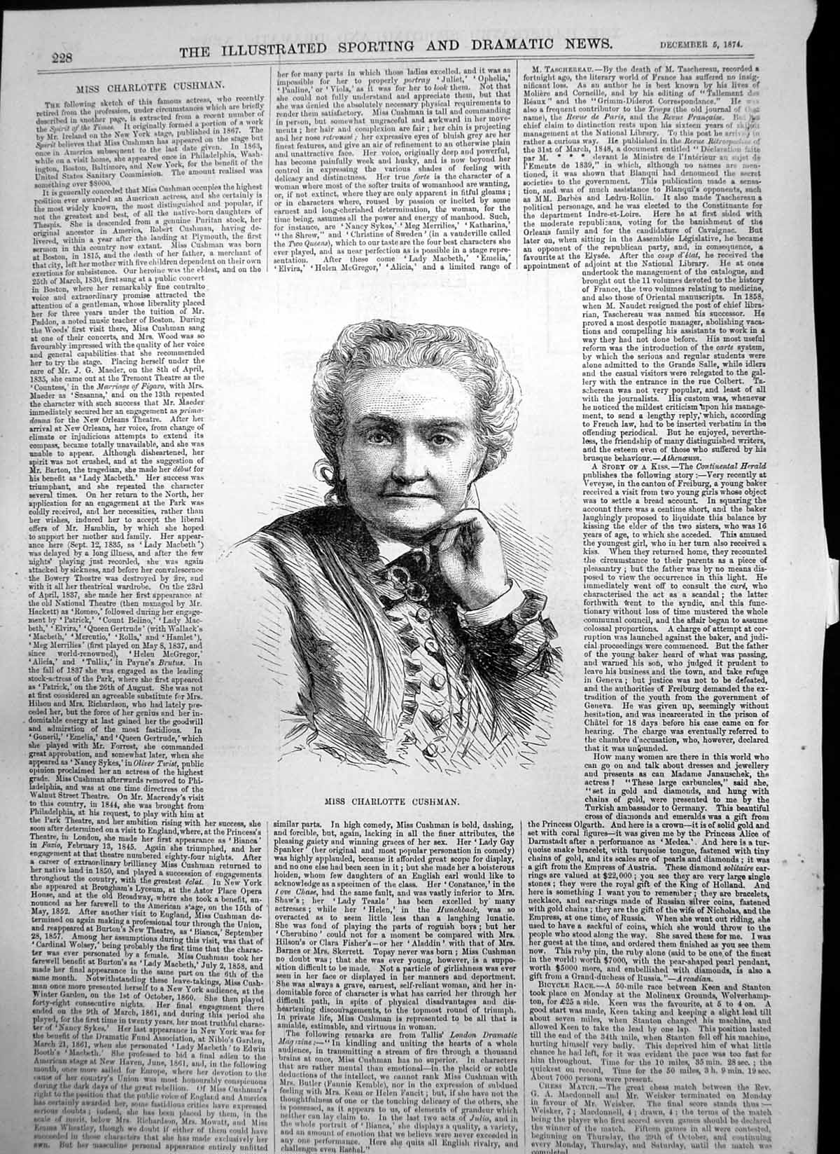 Antique Old Print Miss Charlotte Cushman Famous American Actress Retired 1874