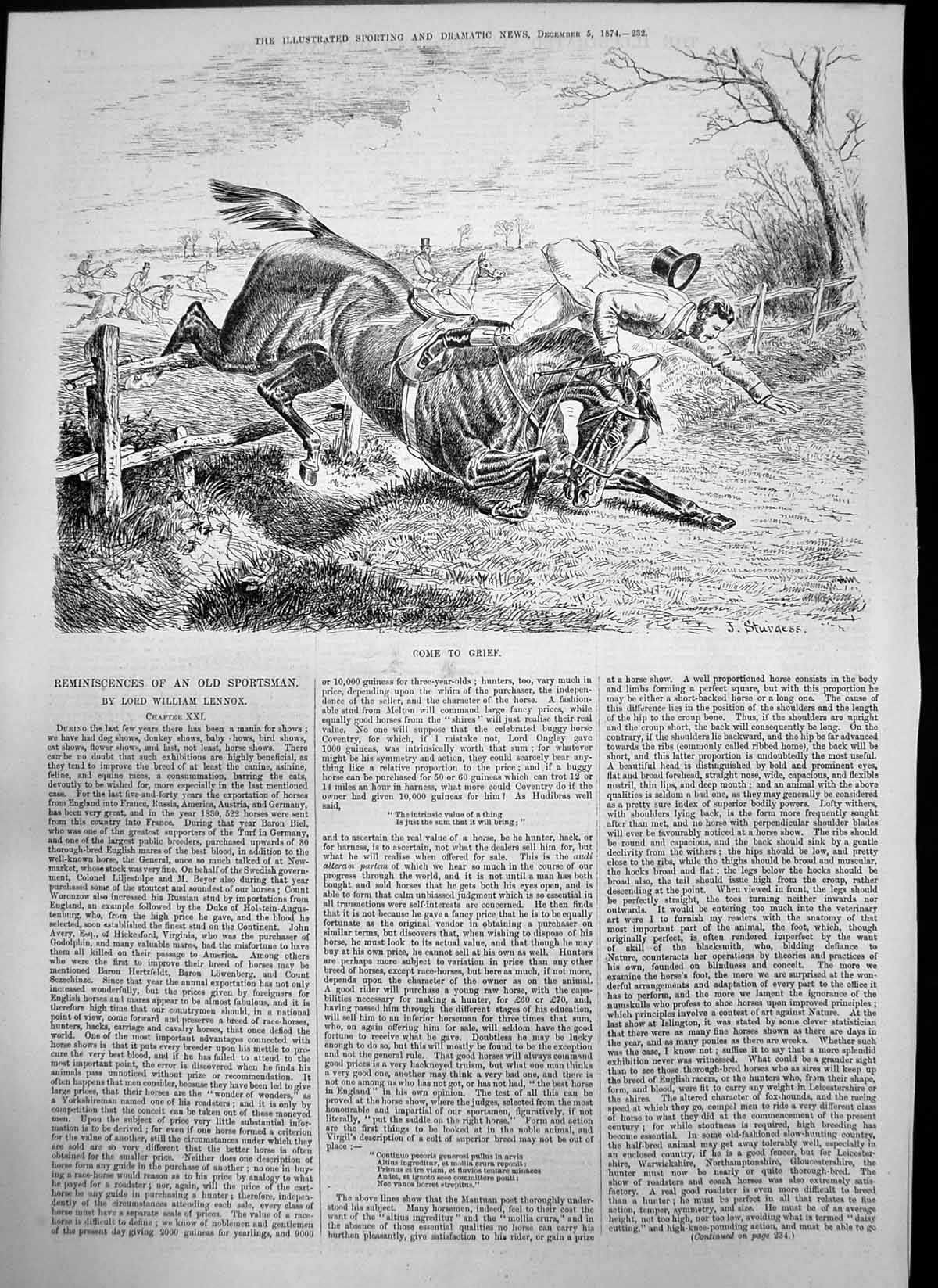 Original Old Antique Print Come Grief Horse Rider Fall Fence J Sturgess 1874