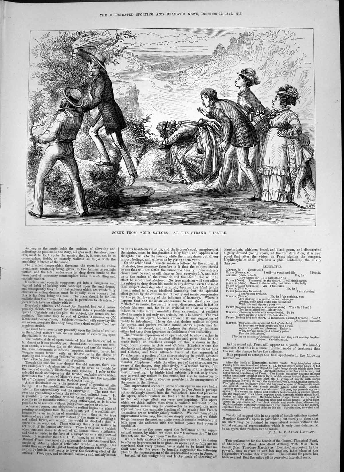 Original Old Antique Print Scene Sailors Strand Theatre 1874 19th