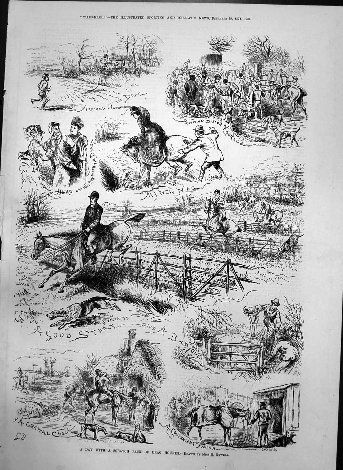 Old Antique Print Day With Scratch Pack Drag Hounds G Bowers Horses 1874 19th