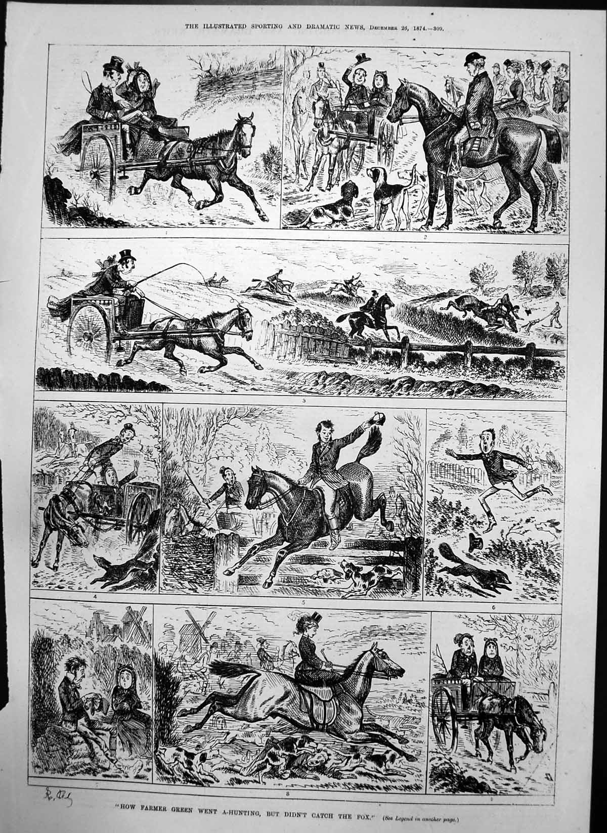 Original Old Antique Print How Farmer Green Went A Hunting Didnt Catch Fox 1874