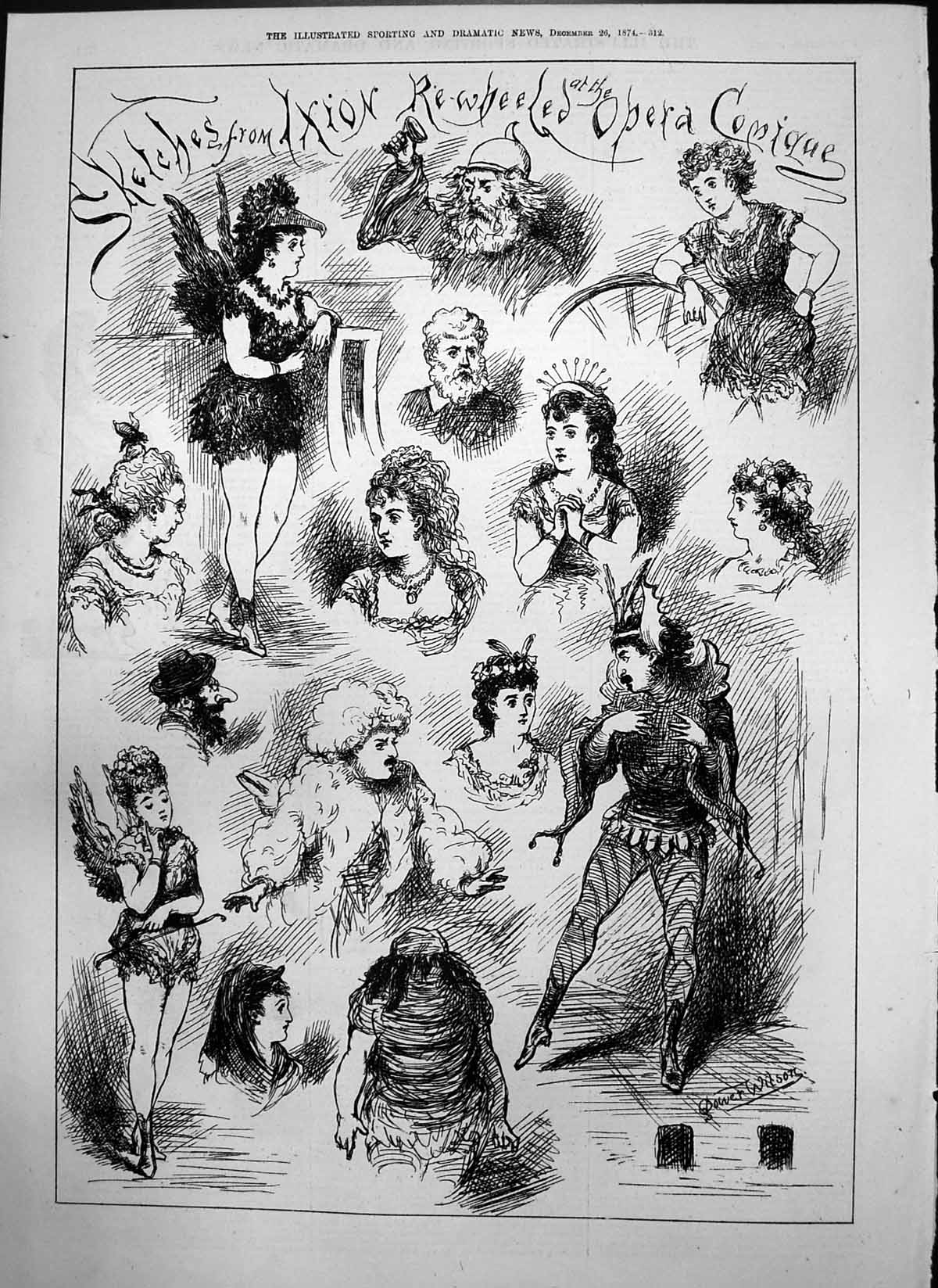 Old Print Sketches Axion Rewheeled Opera Comique Palmer Geo Barnwell 1874 19th