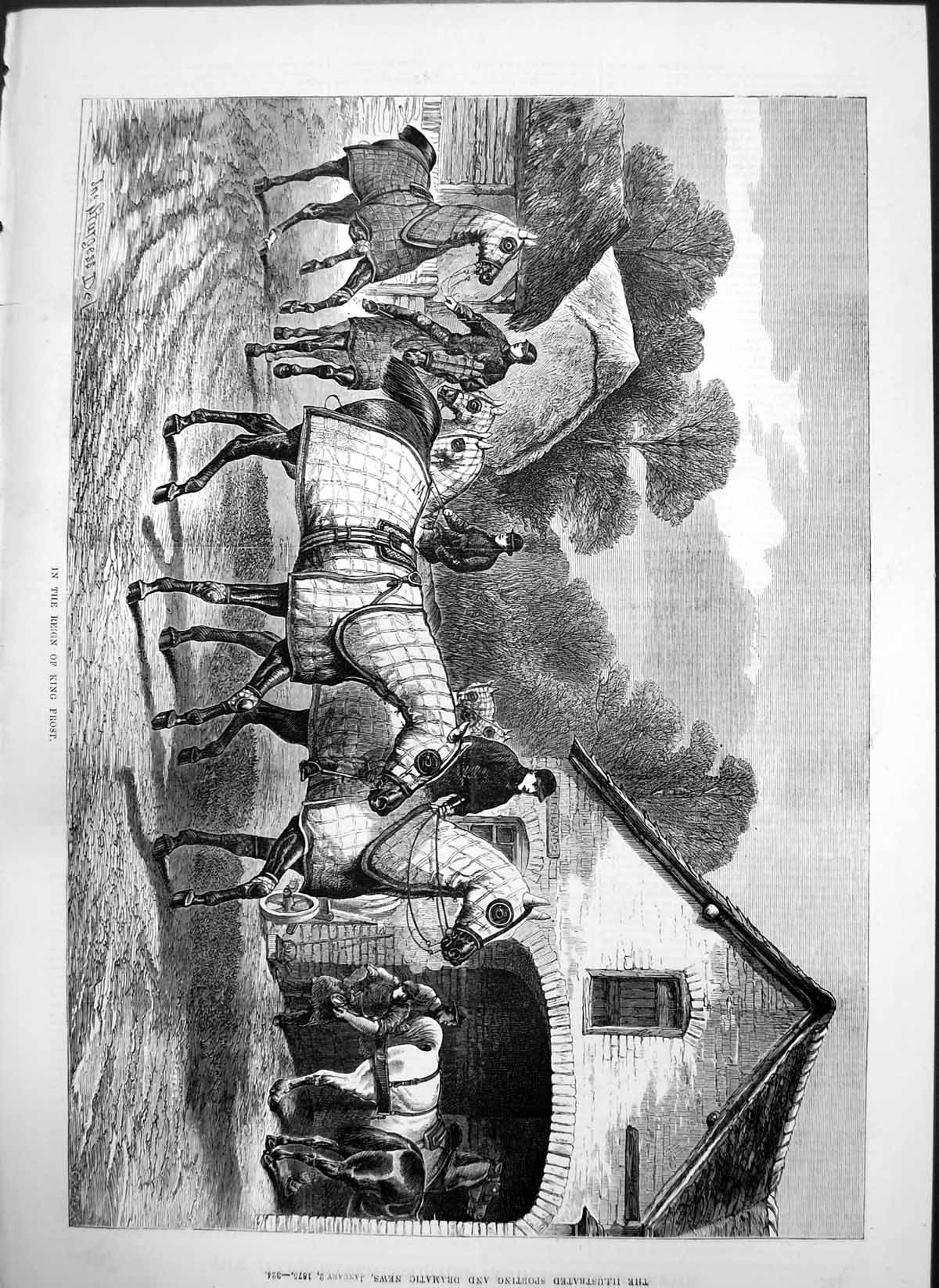Original Old Antique Print Reign King Frost J Sturgess Horses Yard Stables 1875