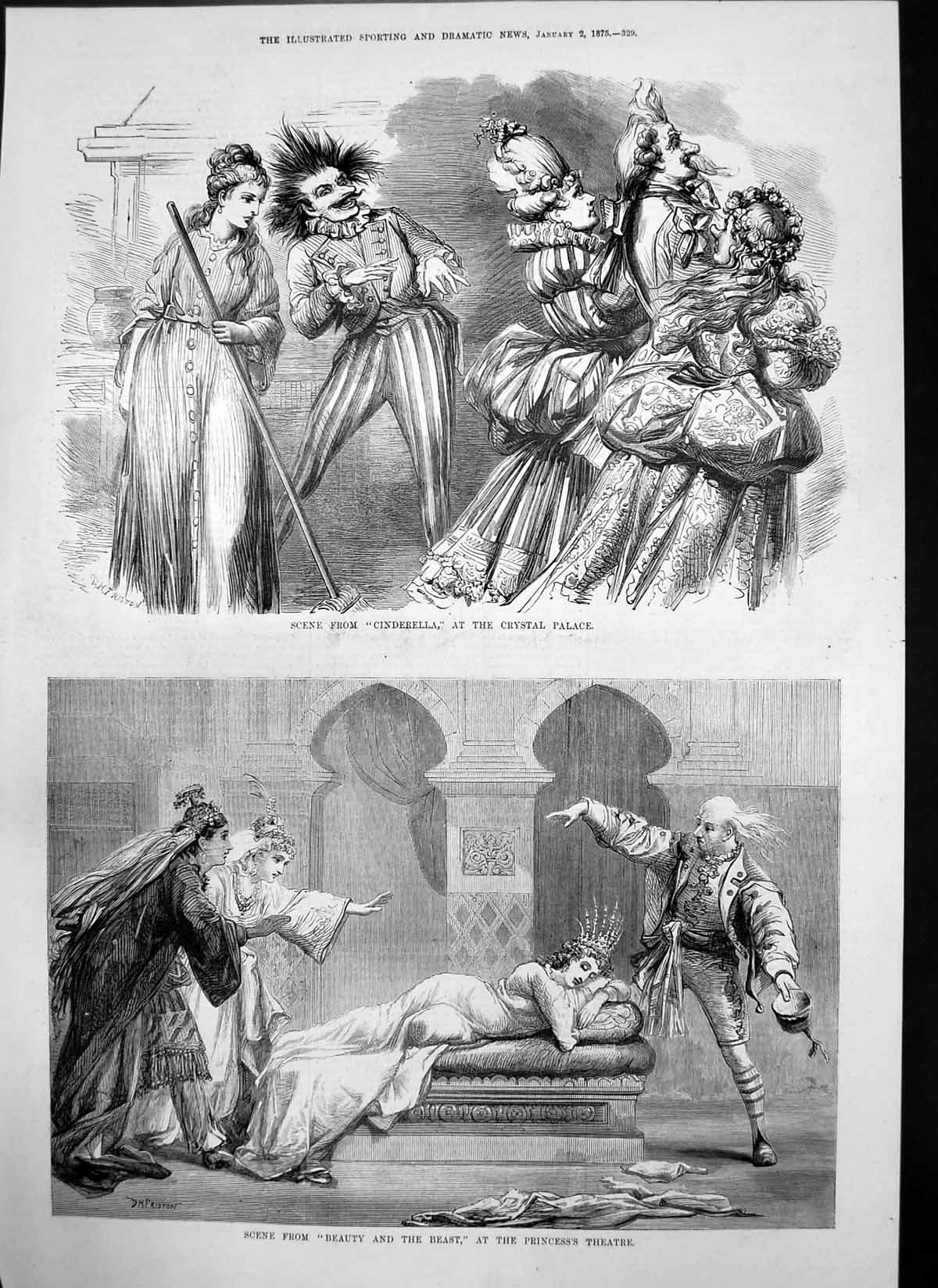 Antique Print Cinderella Crystal Palace Beauty Beast Princesss Theatre 1875