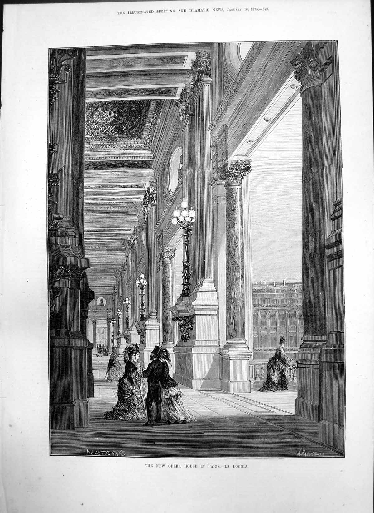 Original Old Antique Print New Opera House Paris La Loggia Bertrand 1875 19th
