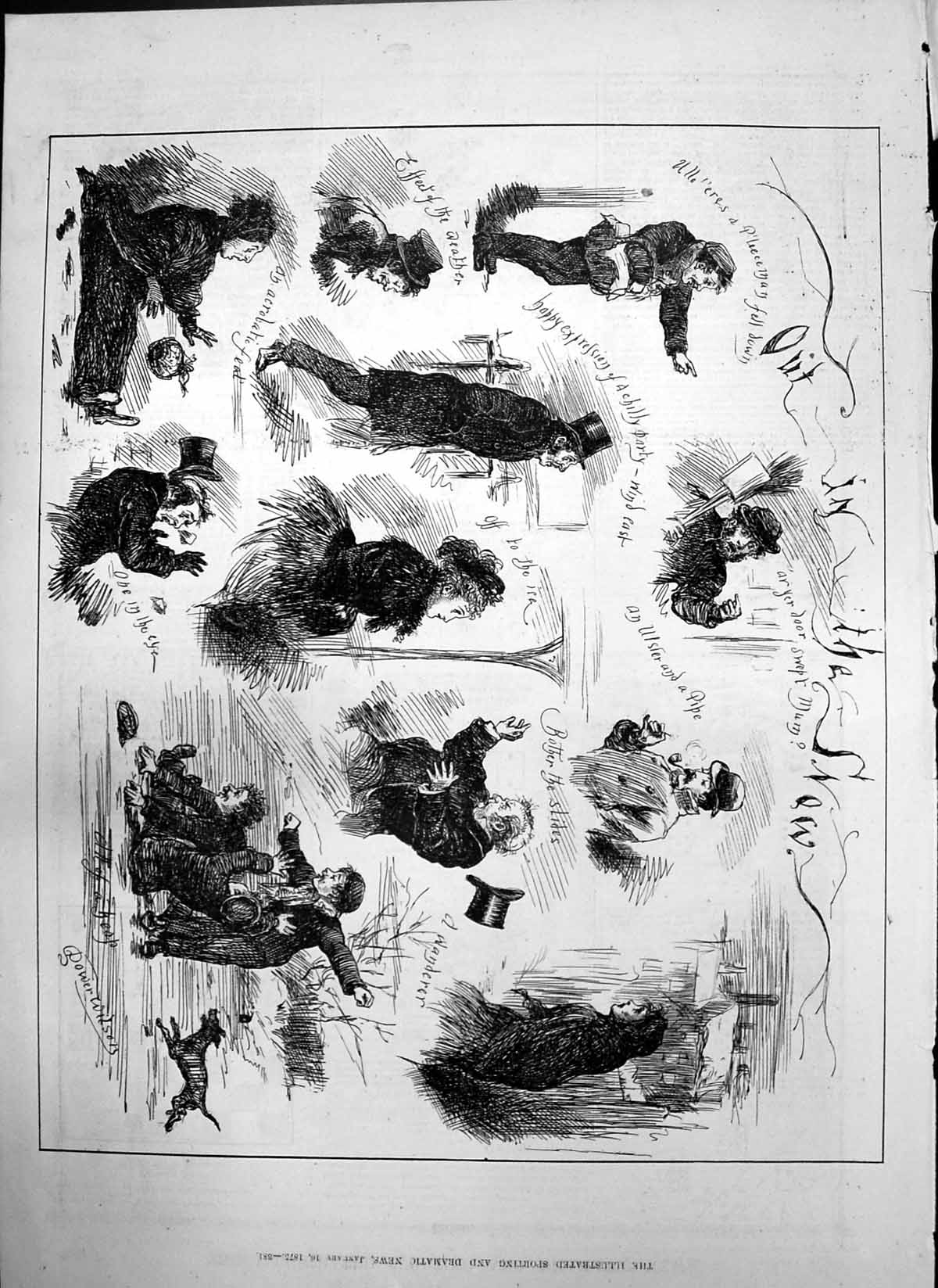 Old Print Out Snow Dower Wilson Falling Ice Ulster Pipe Tricks Whist 1875 19th
