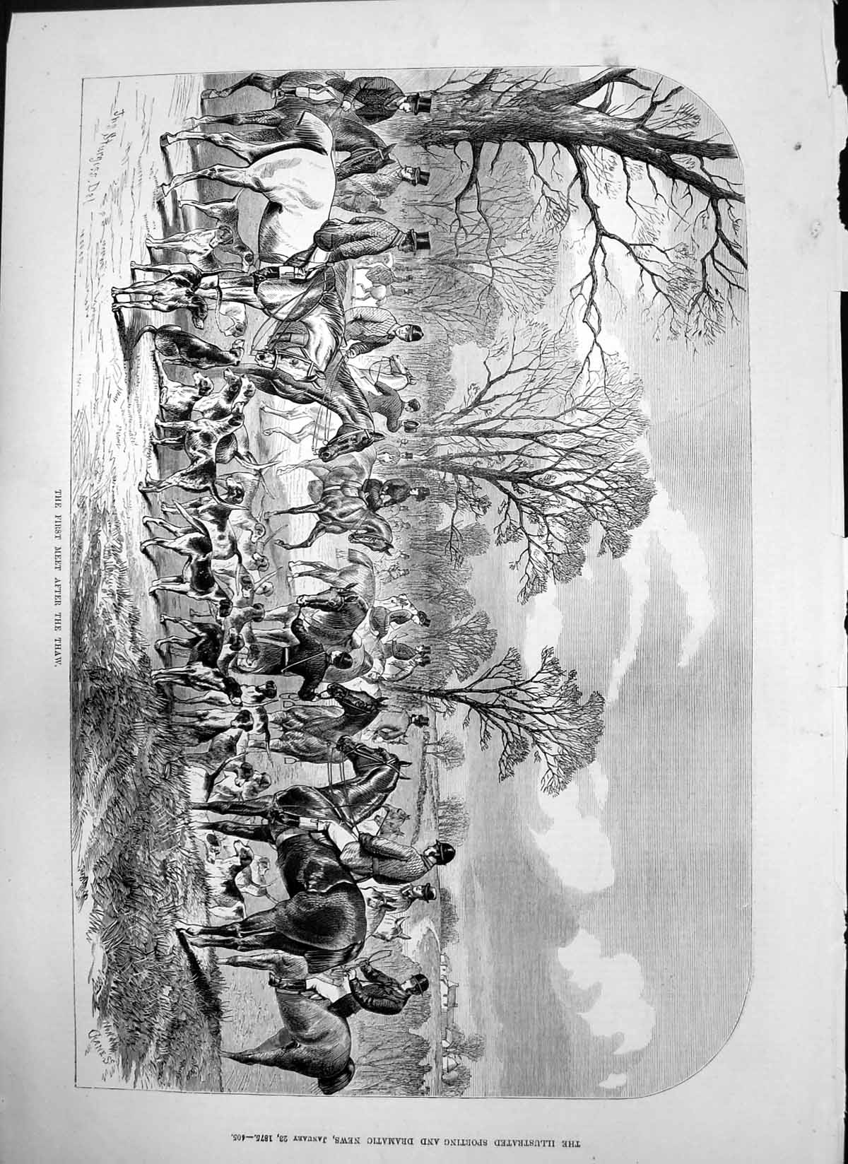 Original Old Antique Print First Meet After Thaw J Sturgess Horses Hounds 1875