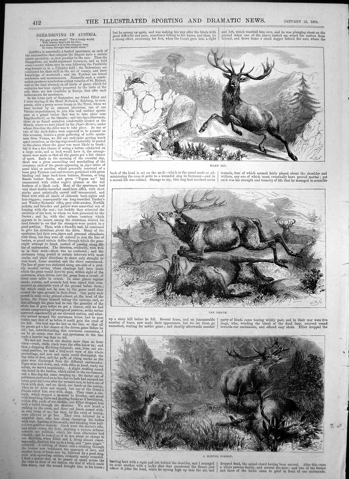 Old Antique Print Deer Driving Austria Hard Hit Death Mortal Combat 1875 19th