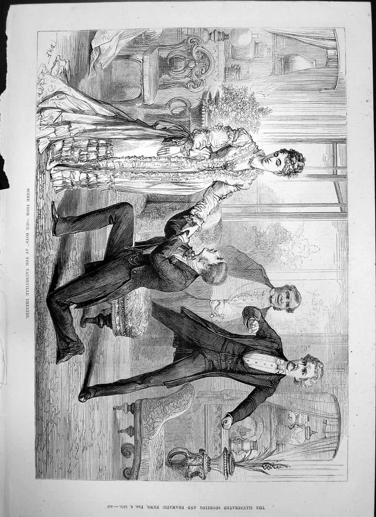 Old Print Our Boys Vaudeville Theatre Man Kneeling Hing Ladies Hand 1875 19th