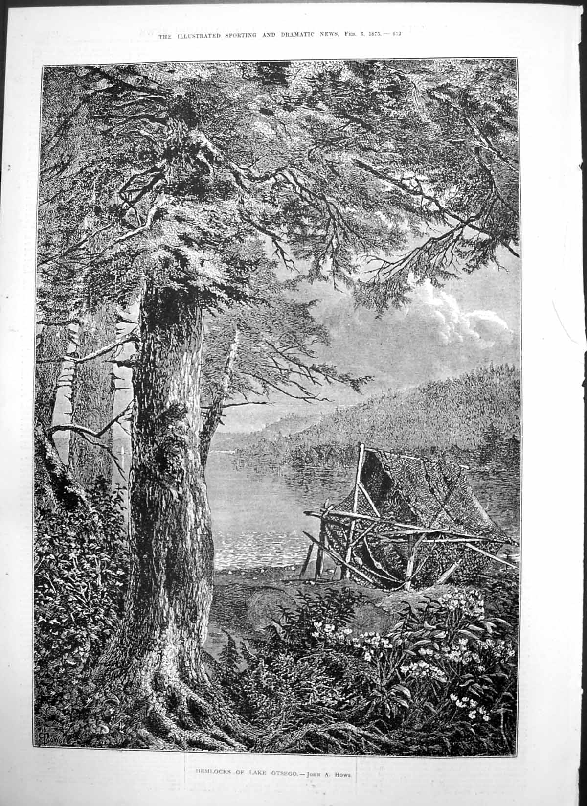 Original Old Antique Print Hemlocks Lake Otsego John Hows Trees Lake 1875 19th