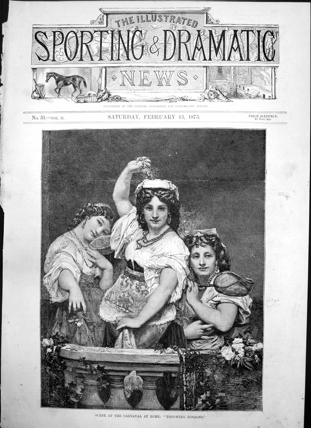 Antique Old Print Scene Carnival Rome Throwing Bonbons Three Young Women 1875