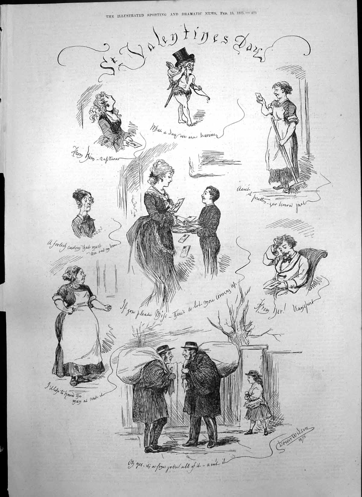 Old Antique Print St Valentines Day Dower Wilson Delivering Letters 1875 19th