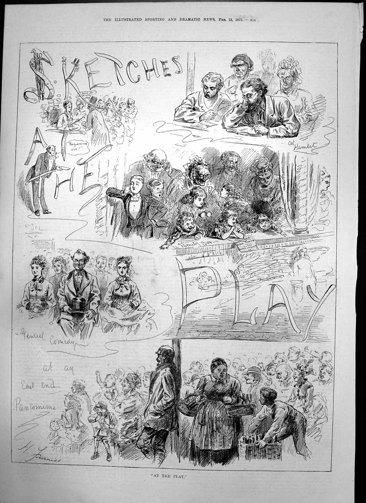 Antique Old Print Sketches Play East End Pantomine Genteel Comedy Hamlet 1875