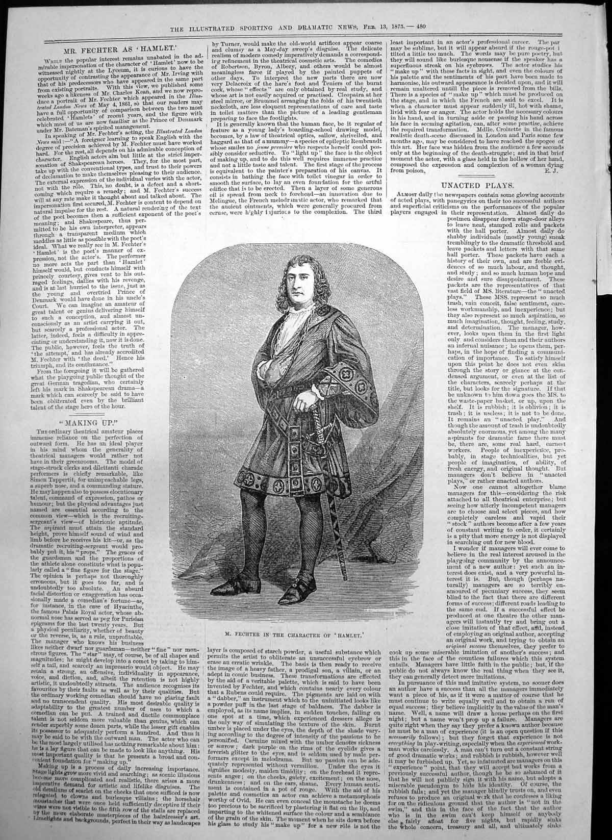 Original Old Antique Print M Fechter Character Hamlet Lyceum Theatre 1875 19th