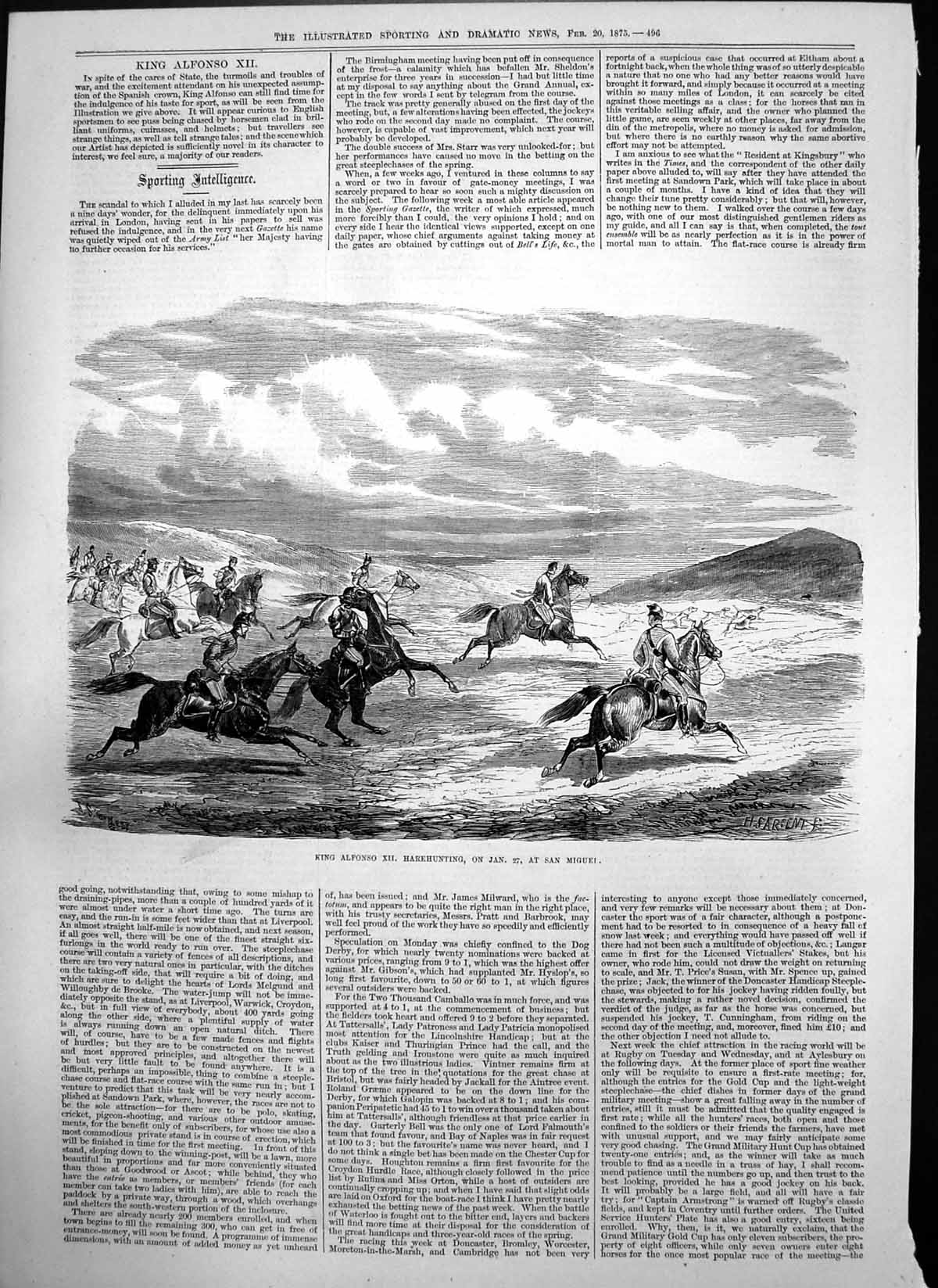 Original Old Antique Print King Alfonso X11 Harehunting January San Miguei 1875