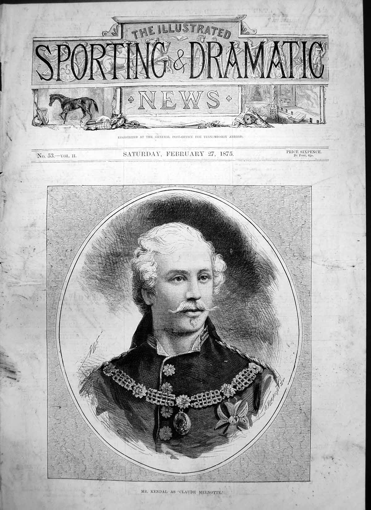 Original Old Antique Print Kendal As Claude Melnotte 1875 19th
