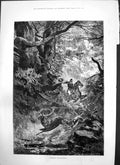Original Old Antique Print Hunting Burgundy Montbard Honds Chasing Stag 1875
