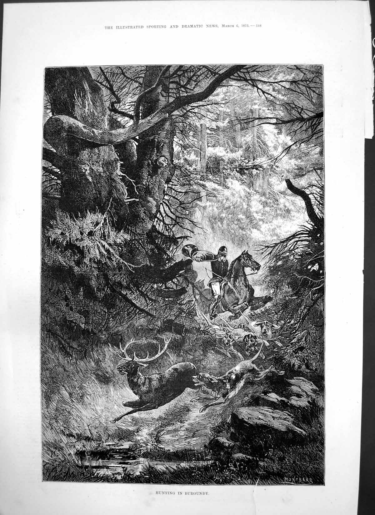 Original Old Antique Print Hunting Burgundy Montbard Honds Chasing Stag 1875