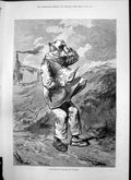 Original Old Antique Print Month March Gavarni Strong Wind Man Hing Hat 1875