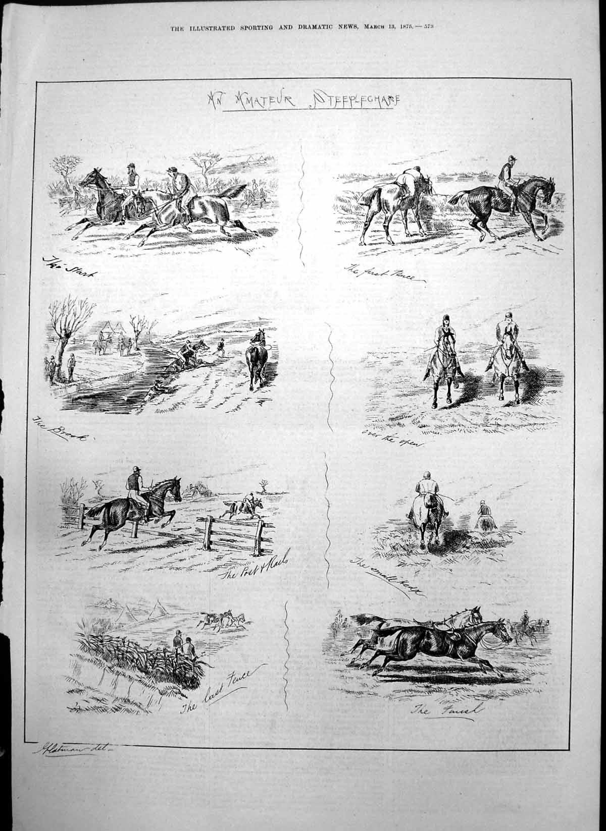 Antique Print Amateur Steeplechase Start First Fence Brook Last Fence 1875 19th