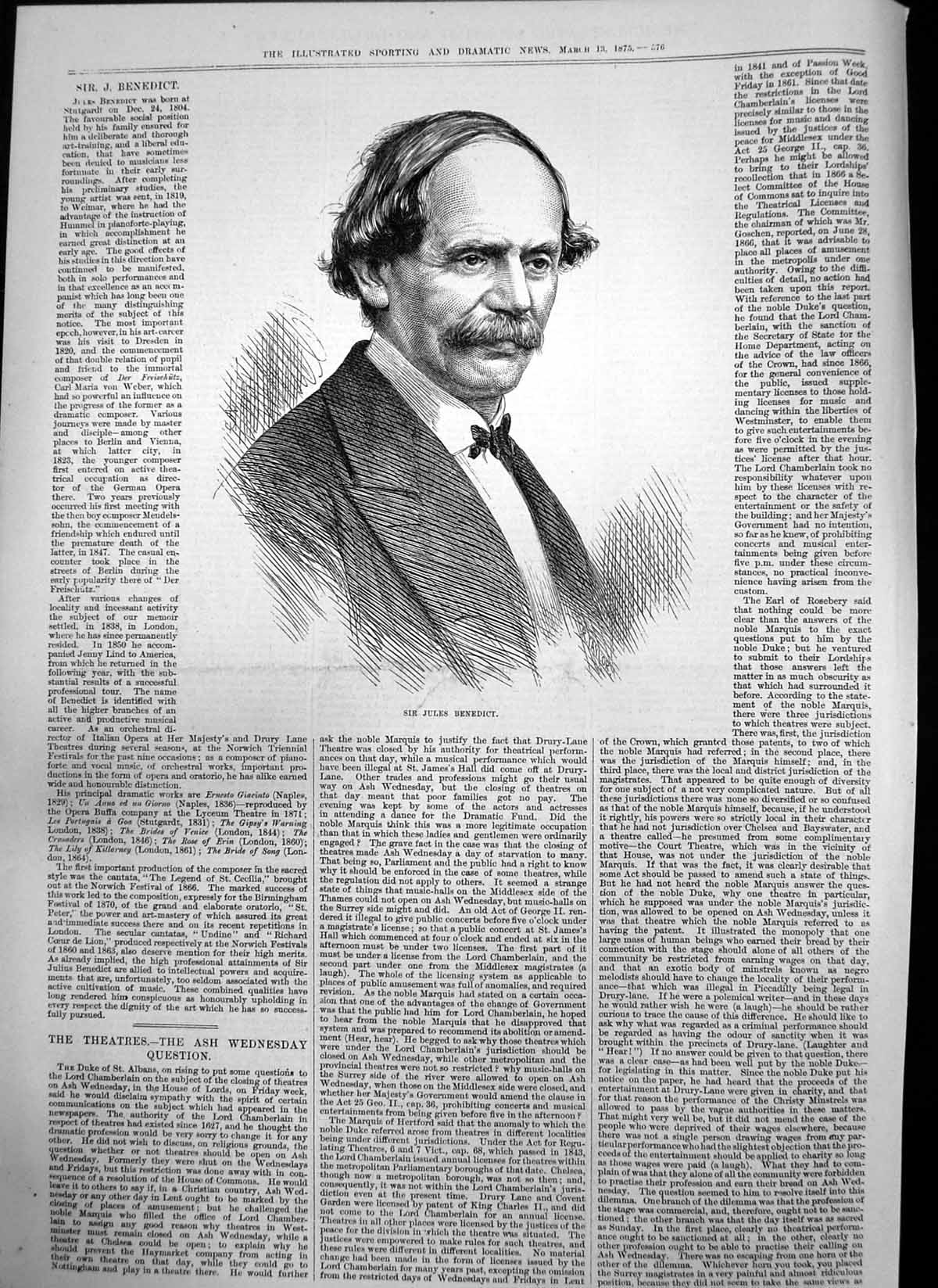 Original Old Antique Print Sir Jules Benedict Musician Piano Player 1875 19th