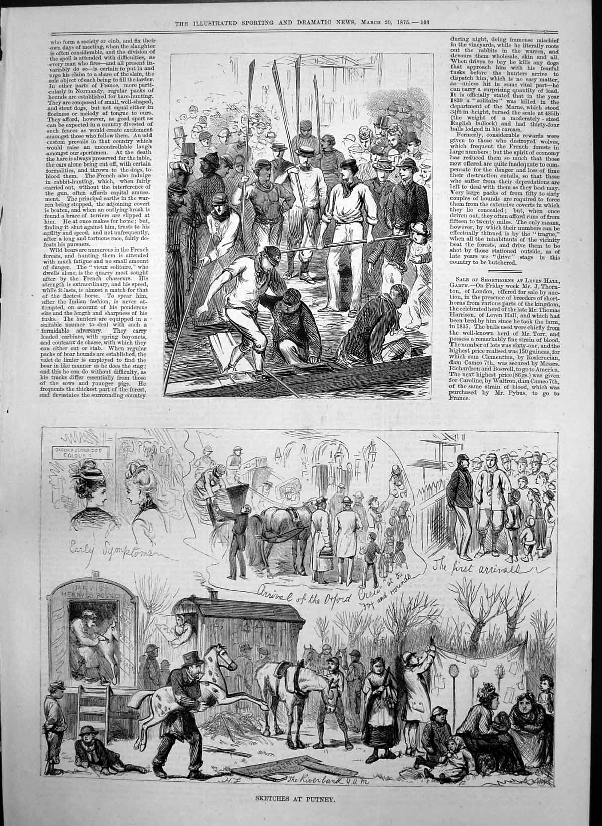 Antique Print Sketches Putney Arrival Oxford Crew Fox Hounds Riverbank 1875