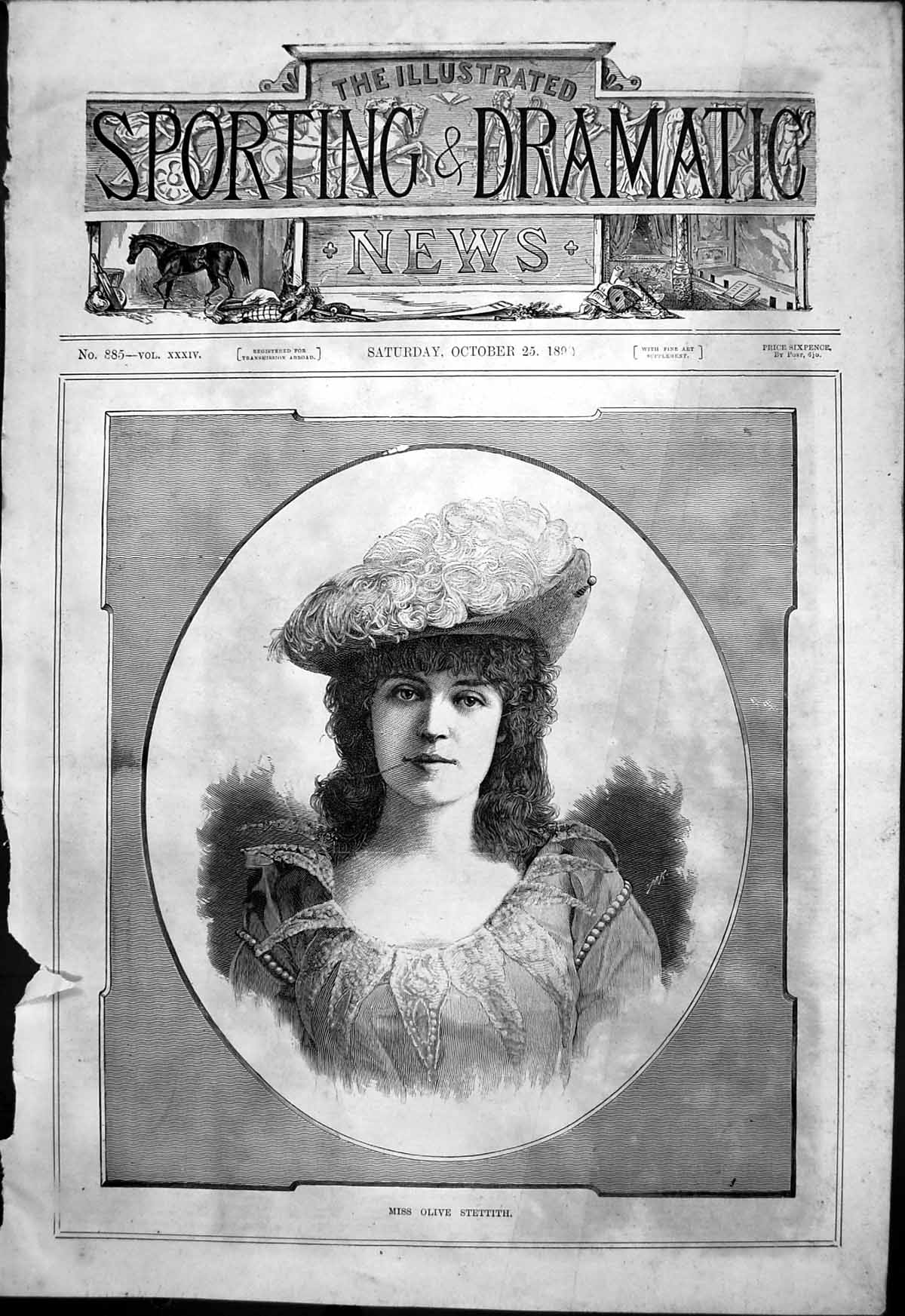 Original Old Antique Print Miss Olive Stettith 1890 19th Century