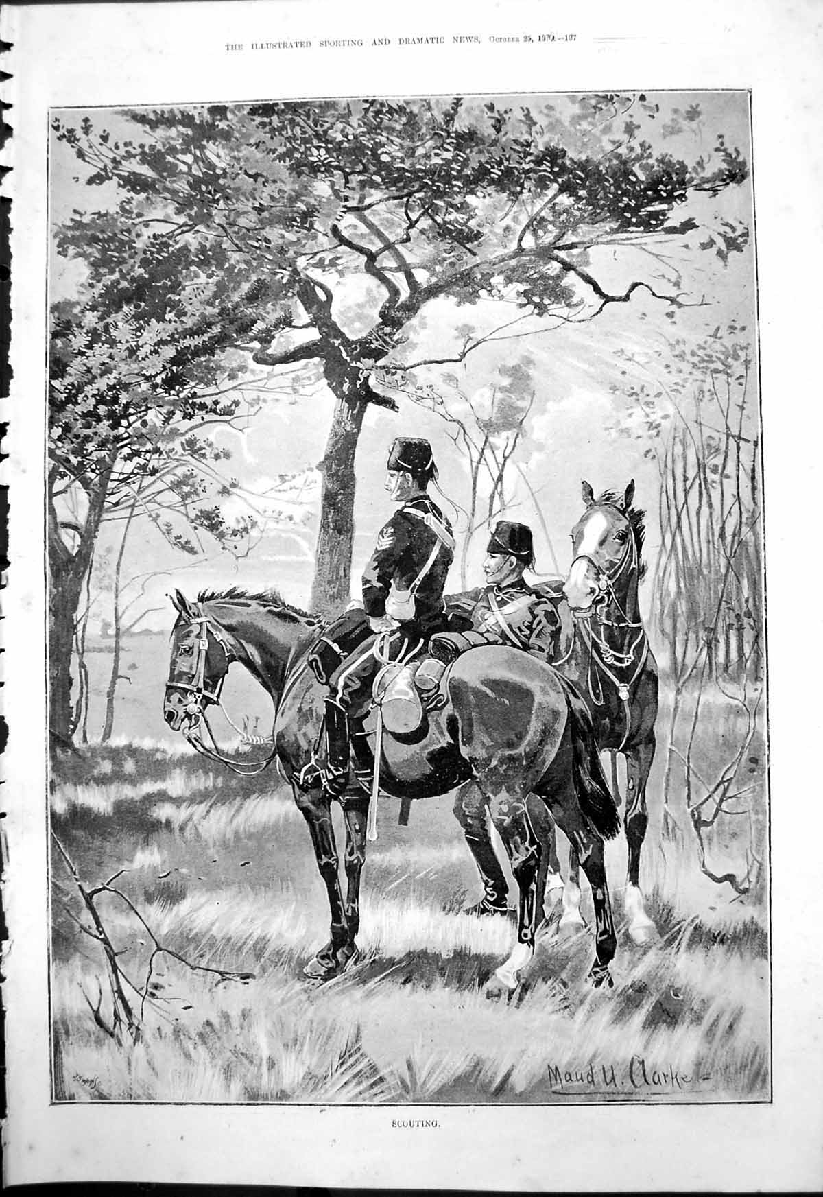 Original Old Antique Print Scouting Maud Clarke Siers Horses 1890 Victorian