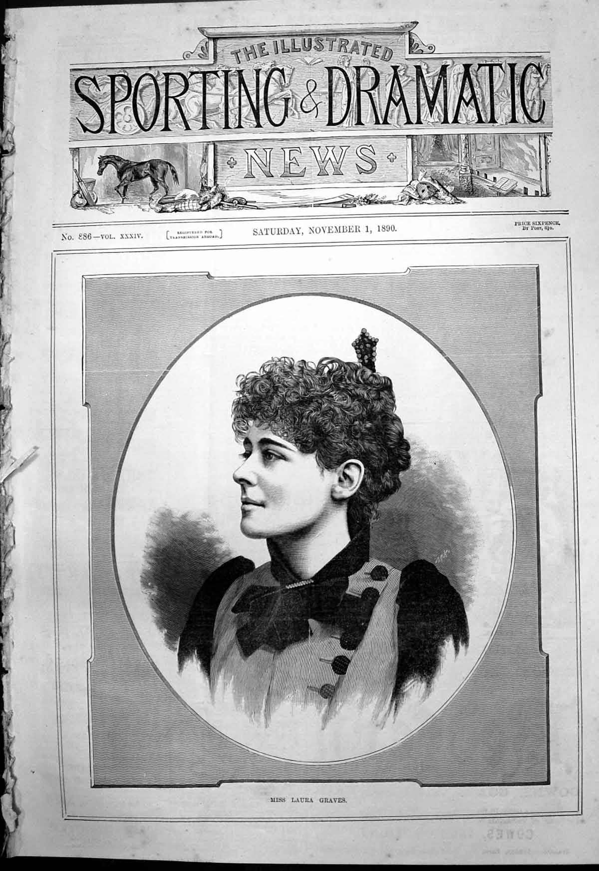 Original Old Antique Print Portrait Miss Laura Graves 1890 19th