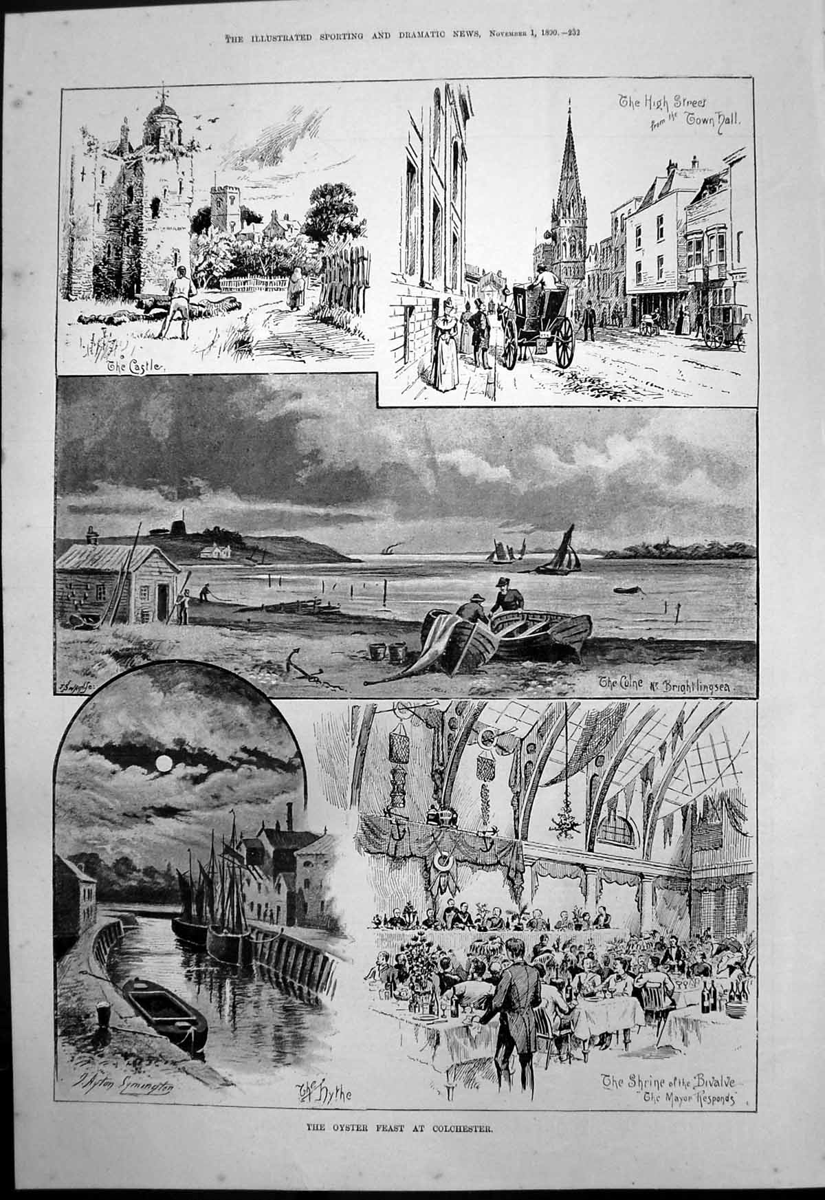 Old Print Oyster Feast Colchester Symington Castle High Street Colne 1890 19th